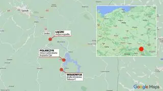 Mapa miejsc powiązanych ze sprawami, w których podejrzany jest Tadeusz P.