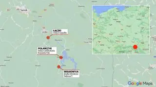 Mapa miejsc powiązanych ze sprawami, w których podejrzany jest Tadeusz P.