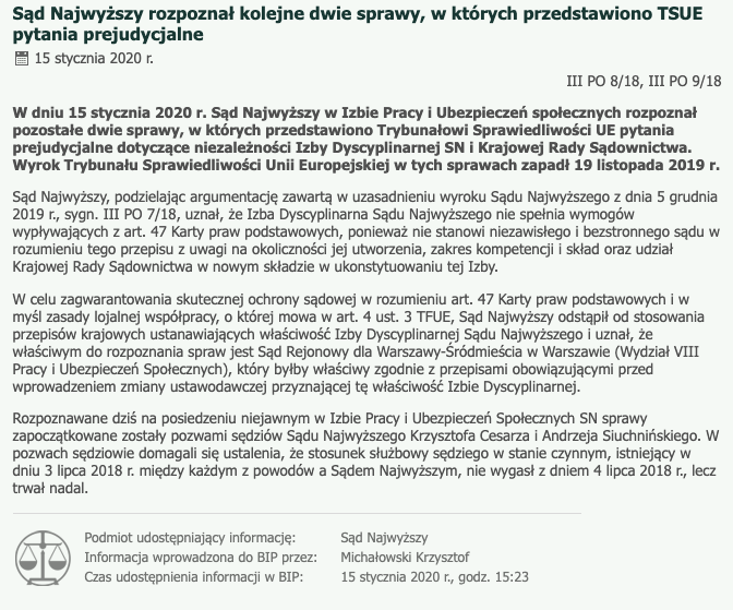 Izba Pracy Sądu Najwyższego ponownie uznała, że Izba Dyscyplinarna nie stanowi niezawisłego sądu 