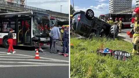 Auto na dachu, autobus rozbity. Wypadek w Opolu