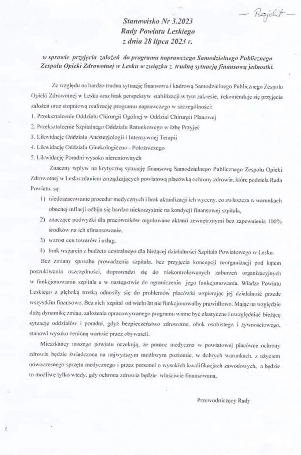 Stanowisko rady powiatu leskiego 