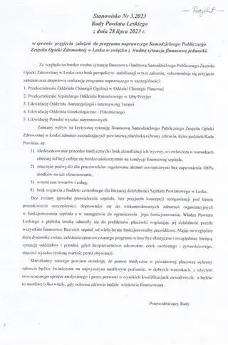 Stanowisko rady powiatu leskiego 