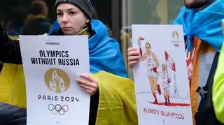 Protest przeciwko dopuszczeniu rosyjskich i białoruskich sportowców do udziału w igrzyskach olimpijskich. Bruksela, 29 marca 2023 roku