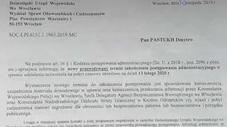 List z urzędu wojewódzkiego z przewidywanym terminem rozpatrzenia sprawy Dmytra Pastukha do 13 lutego 2020 roku