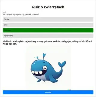 Quiz o zwierzętach stworzony przez GPT-4