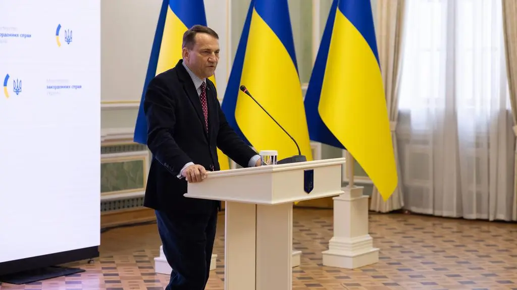Radosław Sikorski during a press conference in Kyiv