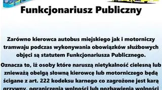 Plakat przypominający, że kierowca autobusu jest funkcjonariuszem publicznym