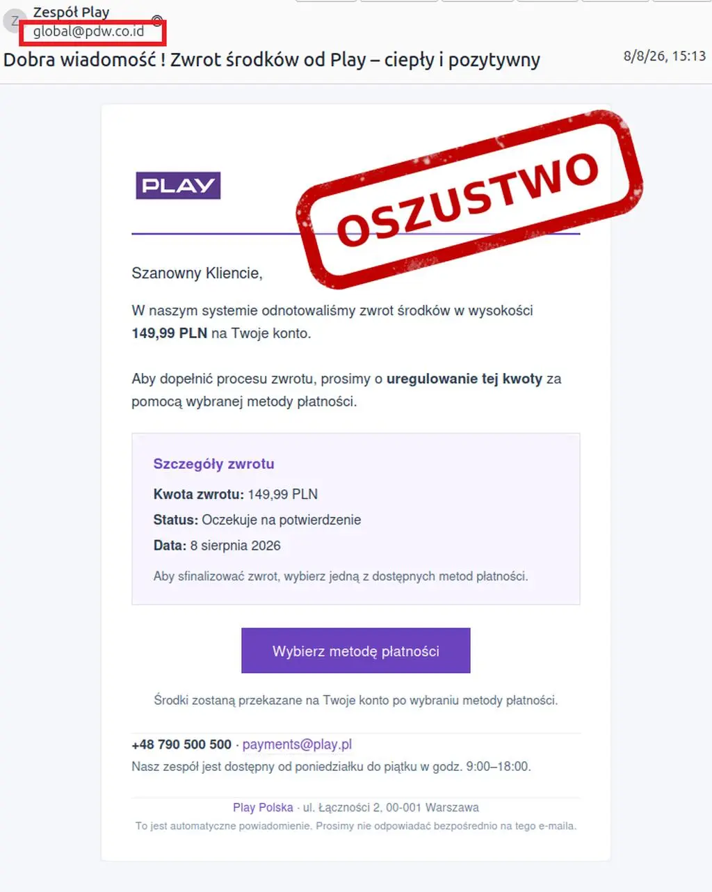 Fałszywy zwrot od operatora