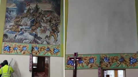 Zamalowany fresk "Cud nad Wisłą" w białoruskim kościele