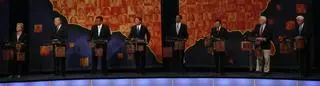Debata prawyborcza w Partii Demokratycznej w 2008 roku. (Od lewej) Clinton, Biden, Richardson, Edwards, Obama, Kucinich, Gravel i Dodd