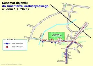 Schemat dojazdu do cmentarza Grabiszyńskiego. Autobusy i tramwaje