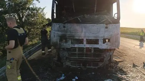 Pożar ciężarówki ze zbożem na drodze krajowej nr 10