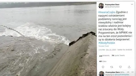 Wody Polskie: rurociąg jest niewydolny, nadmiar ścieków trafia do Wisły. Wodociągowcy odpowiadają
