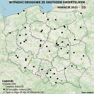 Wypadki drogowe ze skutkiem śmiertelnym, mapa z 5 lipca 2021 r.