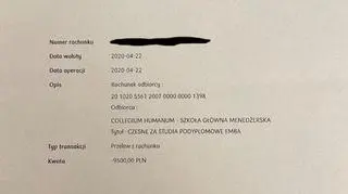 Podtwierdzenie przelewu za studia podyplomowe w Collegium Humanum