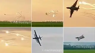 Ukraińskie szturmowce lecą tuż nad ziemią, wypuszczają flary. Nagranie