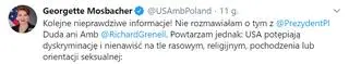 Aktualnie czytasz: Ambasador Mosbacher: USA potępiają dyskryminację, z prezydentem Dudą o LGBT nie rozmawiałam