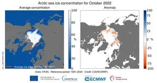 Po lewej: średnia koncentracja lodu morskiego w Arktyce dla października 2022 roku. Po prawej: anomalie koncentracji lodu morskiego w Arktyce dla października 2022 roku względem średniej wrześniowej dla okresu 1991-2020. 