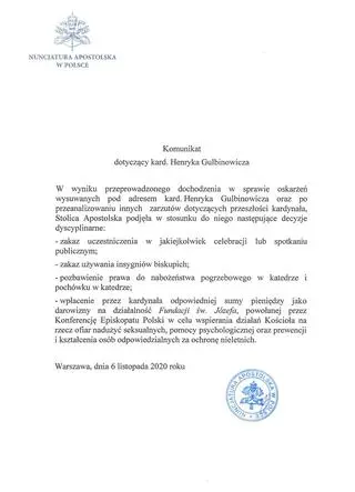 Komunikat Nuncjatury Apostolskiej w Polsce dotyczący kardynała Henryka Gulbinowicza