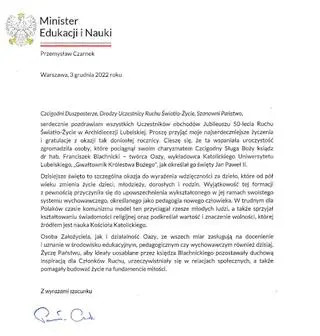 List ministra Czarnka do archidiecezji lubelskiej