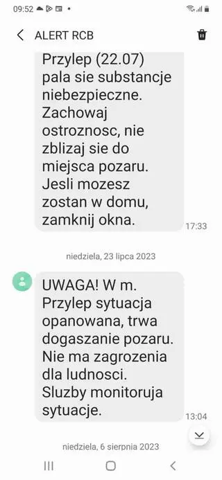 Treść alertów RCB w dniu pożaru i w dniu następnym