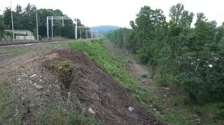 Wypalona trawa i popękana ziemia na nasypie