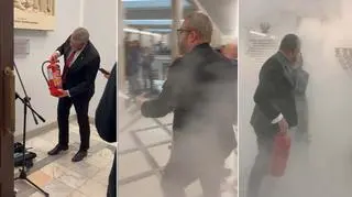 Grzegorz Braun użył gaśnicy do zgaszenia świec chanukowych i skierował proszek w stronę Magdaleny Gudzińskiej-Adamczyk (12.12.2023 r.)