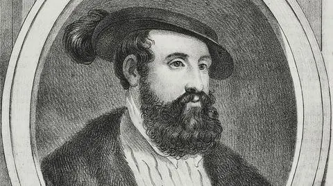 Portrait of Hernan Cortes (1485-1547), Spanish explorer and conquistador, lithograph by Gaetano Riccio after a painting by Titian, from Poliorama Pittoresco, n 7, September 25, 1841.