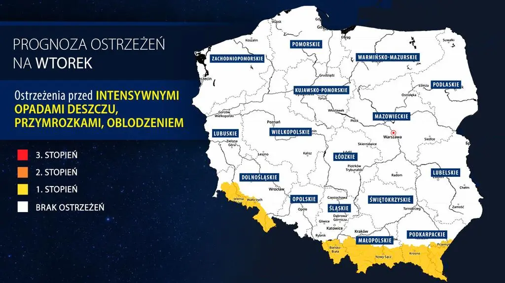 Prognoza zagrożeń IMGW na wtorek