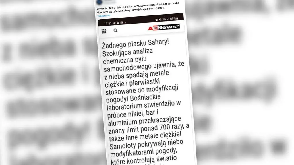 Post z fałszywą informacją powielającą teorię spiskową