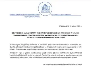Oświadczenie Wyznaniowej Gminy Żydowskiej we Wrocławiu w sprawie Tomasza Greniucha