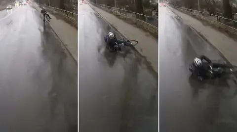 Cyclist trips in front of an approaching city bus