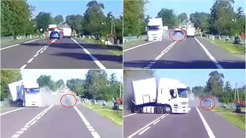 Zjechał nagle na przeciwległy pas i zderzył się z ciężarówką. Nagranie ku przestrodze