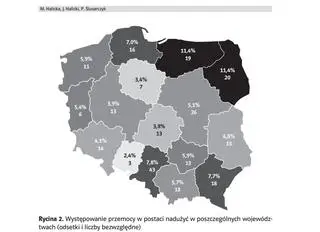 Występowanie przemocy w postaci nadużyć w poszczególnych województwach (PolSenior 1, 2012 rok) 