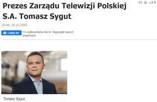 Tomasz Sygut to nowy prezes TVP - wynika z informacji zamieszczonej na stronie internetowej nadawcy