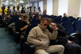Sean Penn na briefingu prasowym rządu w Kijowie 24 lutego 2022 roku, w dniu rosyjskiej inwazji 