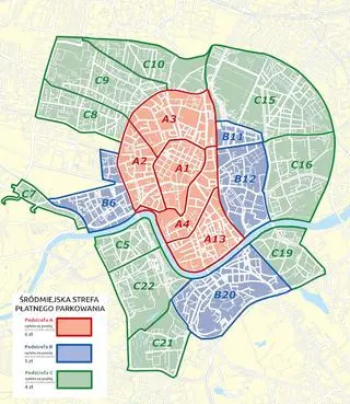 Aktualna mapa Strefy Płatnego Parkowania w Krakowie