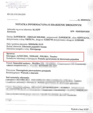 Notatka policjantów, którzy uznali, że sprawcą kolizji jest prokurator regionalny Tomasz Janeczek