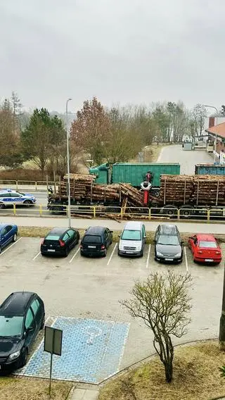 Z naczepy ciężarówki drzewo wypadło na jezdnię