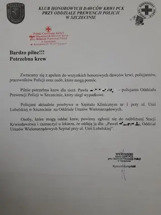 Policyjni związkowcy apelują o oddawanie krwi dla policjanta