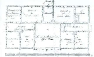 Plan domu dla zajmanych z zaznaczonymi pomieszczeniami (ze zbiorów Archiwum Państwowego w Poznaniu)
