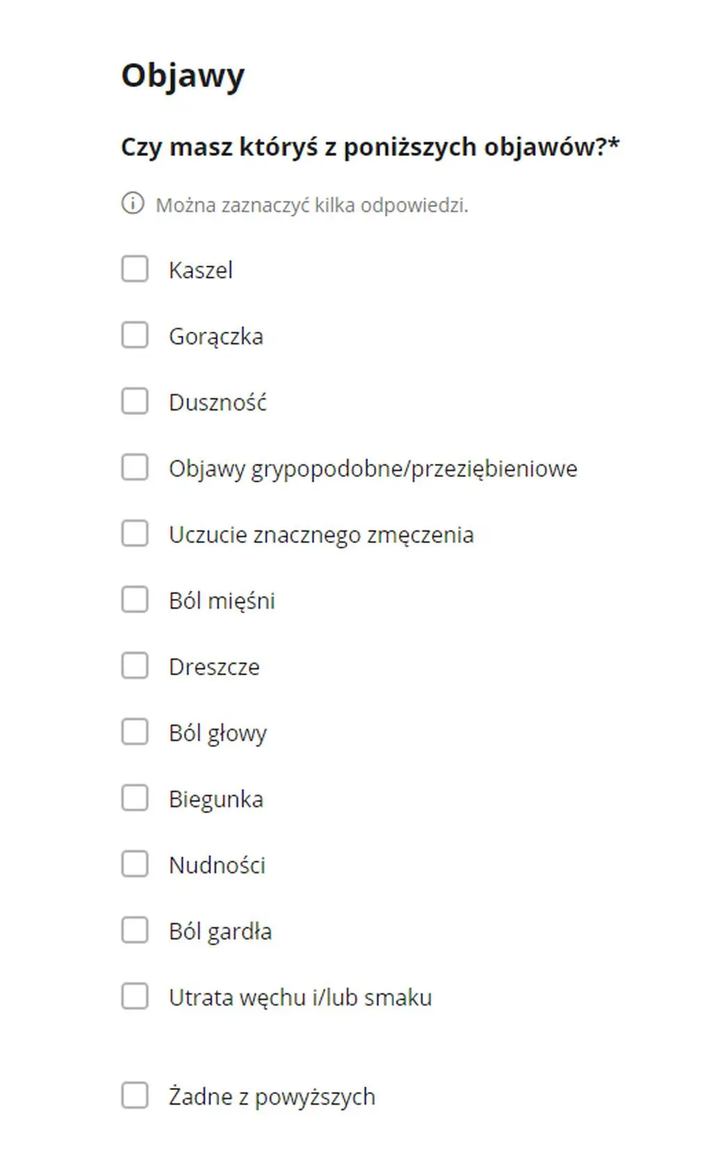 Objawy - formularz ze strony gov.pl
