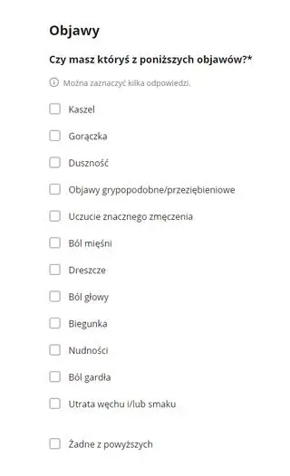 Objawy - formularz ze strony gov.pl