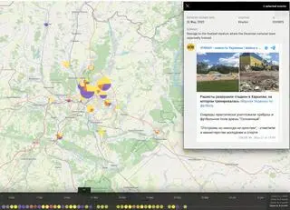 Na zrzucie ekranu pokazane są miejsca, gdzie spadły bomby kasetowe