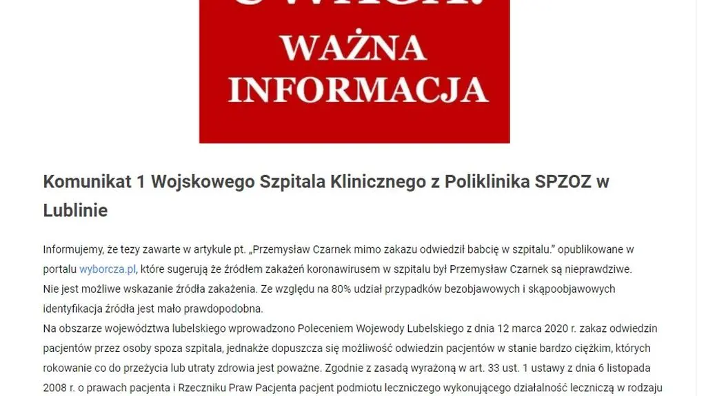 Oświadczenie szpitala