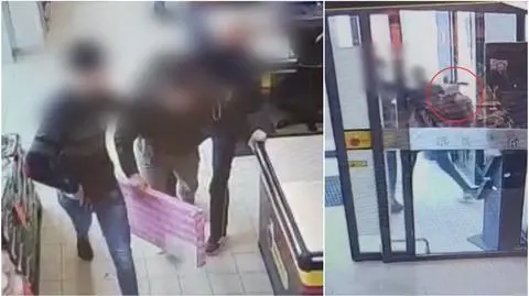 Kradzież i szarpanina z ochroniarzem w markecie. Jeden z mężczyzn celował w niego atrapą pistoletu. Nagranie