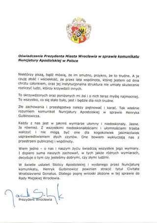 Oświadczenie prezydenta Jacka Sutryka w sprawie kardynała Henryka Gulbinowicza