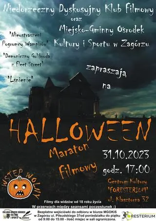 Plakat promujący Halloweenowy Maraton Filmowy w Centrum Kultury Foresterium