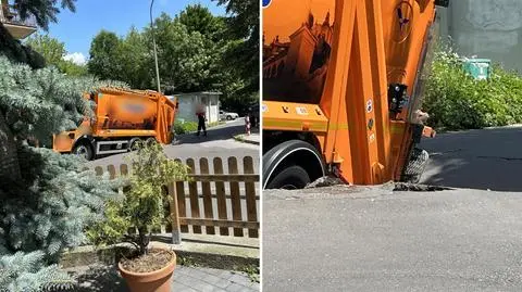 Asfalt zapadł się pod śmieciarką w Krakowie