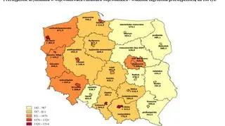 Mapka przedstawia poziom zagrożenia przestępczością kryminalną w Polsce w pierwszym półroczu 2022